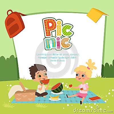 Picnic vector banner. Kids sitting in the garden and eat some fruits Vector Illustration