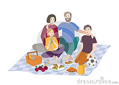 Picnic, vector illustration. Family with children together, outdoor relax. people recreation scene in flat style. Vector Illustration