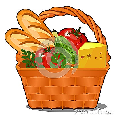 Picnic wicker basket with food product, fresh vegetables, piece of cheese, fresh loaf isolated on white background Vector Illustration