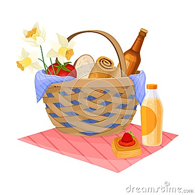 Picnic Wicker Hamper with Foodstuff for Eating Outdoors Vector Illustration Vector Illustration