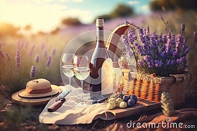 Picnic with wine on a lavender field. Created with Generative AI technology Stock Photo
