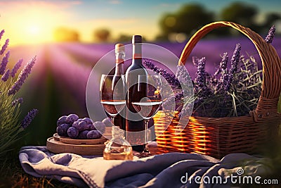 Picnic with wine on a lavender field. Created with Generative AI technology Stock Photo