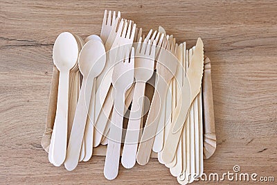 Picnic wooden cutlery and paper plates. Natural materials. Plastic free Stock Photo