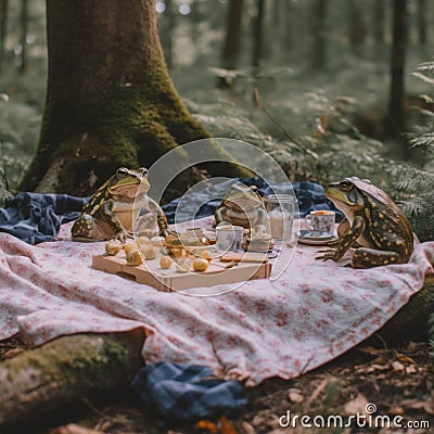 A picnic in the woods with frog figurines. Generative AI image. Stock Photo