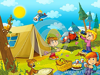 Picnic in the woods kids are having fun driving by car and flying in a plane Cartoon Illustration