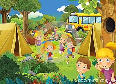 Picnic in the woods kids are having fun Cartoon Illustration