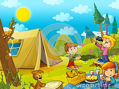 Picnic in the woods kids are having fun Cartoon Illustration