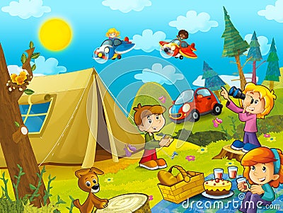 Picnic in the woods kids are having fun Cartoon Illustration