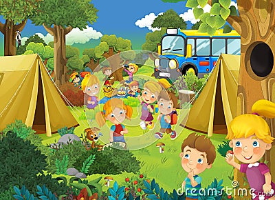 Picnic in the woods kids are having fun Cartoon Illustration