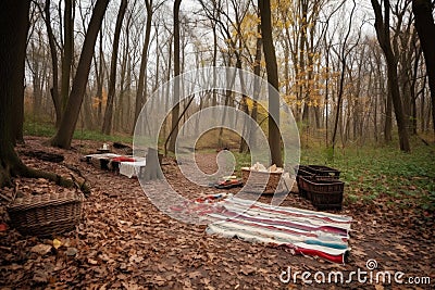 picnic in the woods, with picnic basket and blanket spread out on the ground Stock Photo