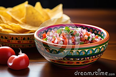 pico de gallo in a vibrant ceramic bowl with chips nearby Stock Photo