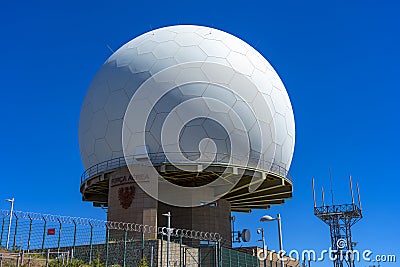 Pico do Areeiro, detail of the round white dome of radar station N°4 on the Portuguese island of Madeira. Editorial Stock Photo