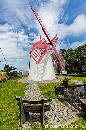 Pico Vermelho windmill on the coast of Sao Miguel Island Stock Photo