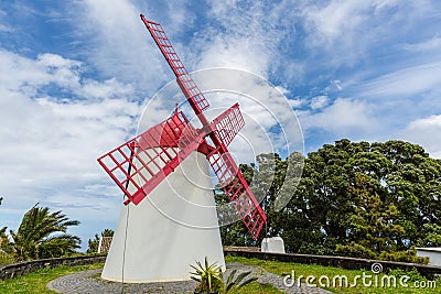 Pico Vermelho windmill on the coast of Sao Miguel Island Stock Photo