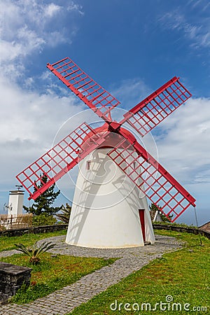 Pico Vermelho windmill on the coast of Sao Miguel Island Stock Photo