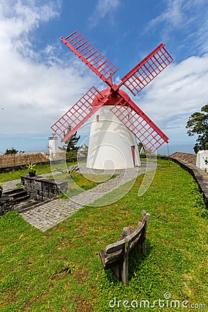 Pico Vermelho windmill on the coast of Sao Miguel Island Stock Photo