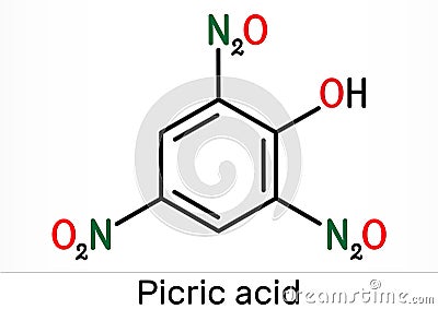 Picric acid 2,4,6-trinitrophenol, TNP, C6H3N3O7 molecule. It has a role as an explosive, an antiseptic drug. Skeletal chemical Stock Photo