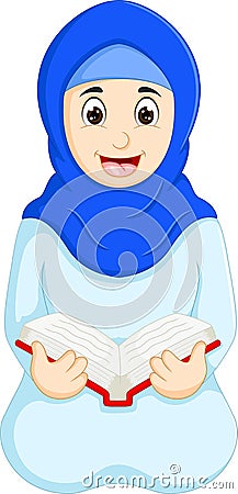 Beauty islamic woman cartoon sitting with reading book Stock Photo