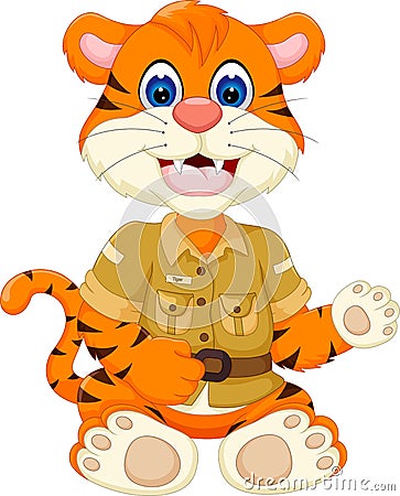 Cute little tiger cartoon sitting with smile and waving Stock Photo