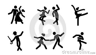 Pictogram dancer stick figure icon set. Black pictogram party dancing people, tango couple, ballet woman Vector Illustration