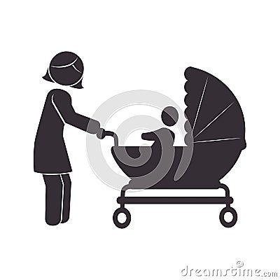 Pictogram monochrome with mom and baby in pram Vector Illustration