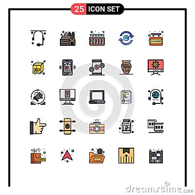 Pictogram Set of 25 Simple Filled line Flat Colors of sign board, closed board, test, computing, refresh Vector Illustration