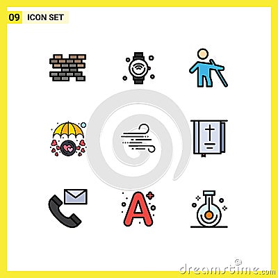 Pictogram Set of 9 Simple Filledline Flat Colors of blow, protection, blind, love care, heart Vector Illustration