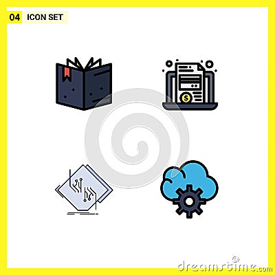 Pictogram Set of 4 Simple Filledline Flat Colors of book, circuit, laptop, card, electronic Vector Illustration