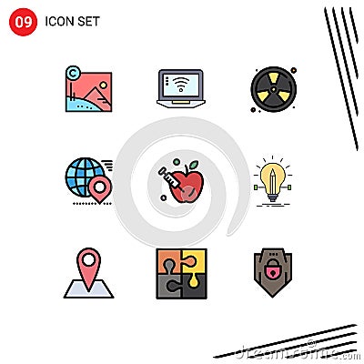 Pictogram Set of 9 Simple Filledline Flat Colors of location, map, burn, earth, float Vector Illustration