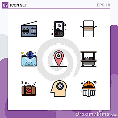 Pictogram Set of 9 Simple Filledline Flat Colors of placeholder, army, chair, subscription, email Vector Illustration