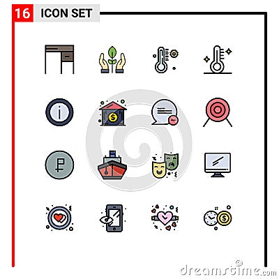 16 Universal Flat Color Filled Line Signs Symbols of information, help, temperature, weather, temperature Vector Illustration