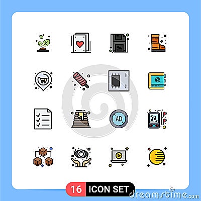 Pictogram Set of 16 Simple Flat Color Filled Lines of supermarket, next, guarder, location, fire Vector Illustration