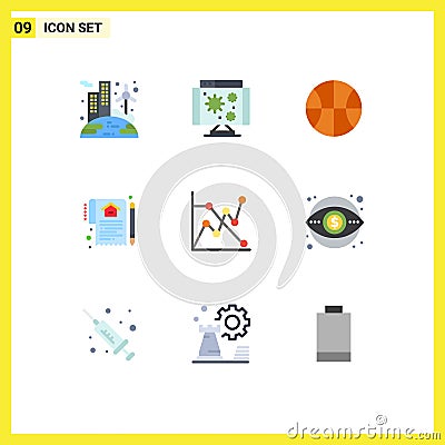 Pictogram Set of 9 Simple Flat Colors of chart, contract, basic, deal, home Vector Illustration