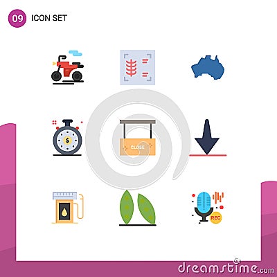 Pictogram Set of 9 Simple Flat Colors of close salon, board, location, beauty and spa, investment time Vector Illustration