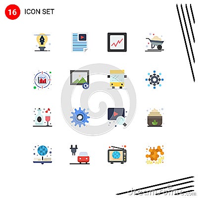 16 Thematic Vector Flat Colors and Editable Symbols of information, analytics, video, wheelbarrow, farm Vector Illustration