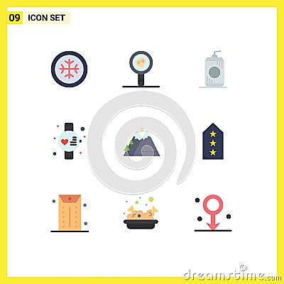 Pictogram Set of 9 Simple Flat Colors of sun, nature, cola, mountains, sport Vector Illustration