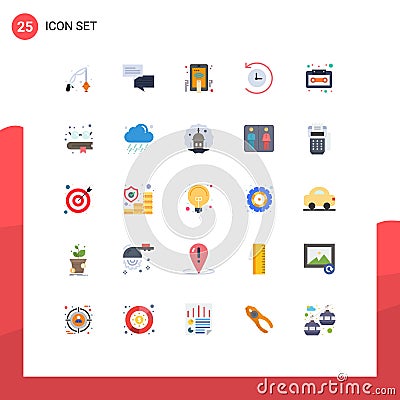 Pictogram Set of 25 Simple Flat Colors of tape, audio cassette, hand touch, audio, future Vector Illustration