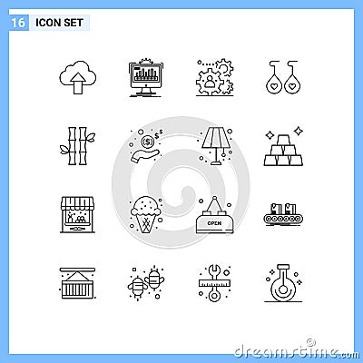 Pictogram Set of 16 Simple Outlines of bamboo, love, processing, earing, team Vector Illustration