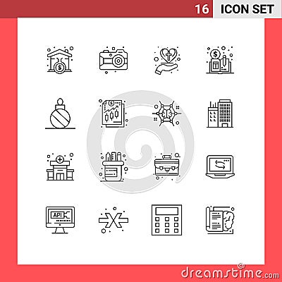 Pictogram Set of 16 Simple Outlines of christmas, distributed ledger book, hand, distributed, cross Vector Illustration