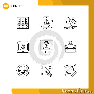 Pictogram Set of 9 Simple Outlines of coding, laptop, mobile, computer, farming Vector Illustration