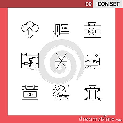 Pictogram Set of 9 Simple Outlines of coin, denarius, hospital, web, finger Vector Illustration