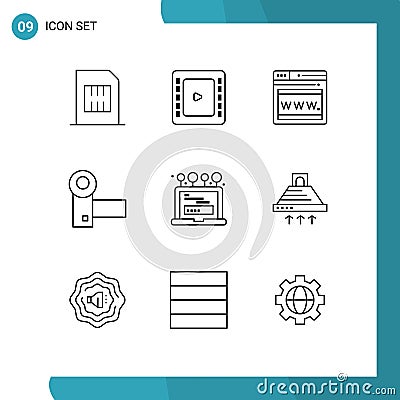 User Interface Pack of 9 Basic Outlines of laptop, systems, seo, gadgets, devices Vector Illustration