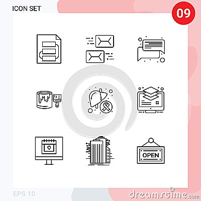 Pictogram Set of 9 Simple Outlines of painting, bucket, letter, brush, talk Vector Illustration