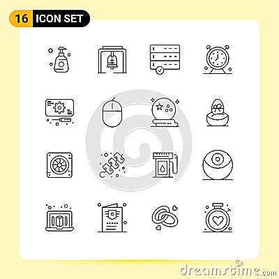 Pictogram Set of 16 Simple Outlines of recuperation, timer, approve, time, clock Vector Illustration