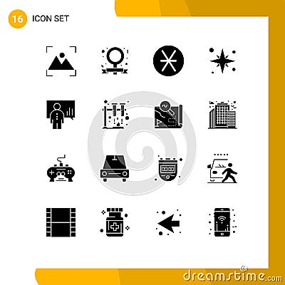 Pictogram Set of 16 Simple Solid Glyphs of analytics, beach, denarius, sea, holiday Vector Illustration