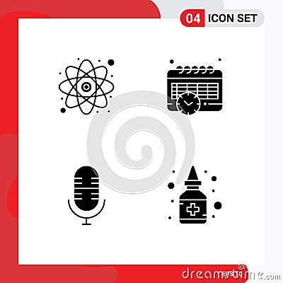 Pictogram Set of 4 Simple Solid Glyphs of atom, microphone, study, time, liquid Vector Illustration