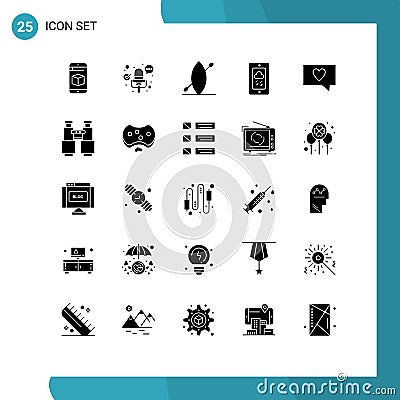 Pictogram Set of 25 Simple Solid Glyphs of binoculars, love, boat, like, weather Vector Illustration