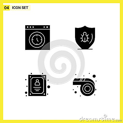 Pictogram Set of 4 Simple Solid Glyphs of browser, shield, speedometer, programing, customer support Vector Illustration