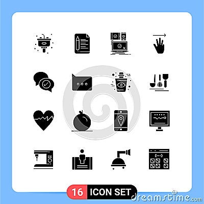 Pictogram Set of 16 Simple Solid Glyphs of chat, up, computer, hand cursor, technology Vector Illustration