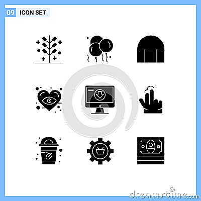 Pictogram Set of 9 Simple Solid Glyphs of content, love, fathers day, heart, mosque Vector Illustration
